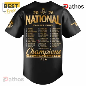 Black baseball jersey with gold 2026 Oklahoma Sooners National Champions roster text, SEC logo, and World Series graphics.!