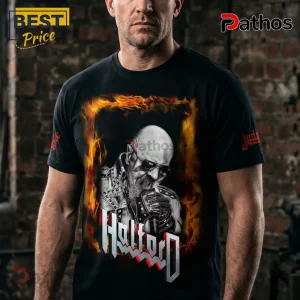 2026 Judas Priest Rob Halford Metal God Throne Shirt 1 Black cotton t-shirt featuring Rob Halford wearing leather and sunglasses framed by orange flames with Halford logo below.!