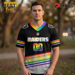 Las Vegas Raiders x LGBTQ Pride Month Limited Edition Football Jersey 3 Las Vegas Raiders NFL jersey in black with rainbow stripes, pride lettering, and number 00 on a male model.!