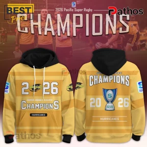 Yellow and black Hurricanes Super Rugby Pacific Champions 2026 hoodie with trophy graphic and team logos.!