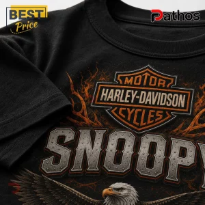 Black cotton t-shirt featuring a Harley-Davidson logo, orange flame graphics, and a metallic Snoopy text design.!