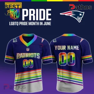 New England Patriots x LGBT Pride Limited Edition Football Jersey 1 New England Patriots jersey with rainbow pride collar, sleeve stripes, and custom number 00 design on blue fabric.!