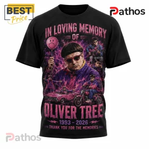 Oliver Tree 1993-2026 Memorial Tribute Black Cotton T-Shirt 4 Black t-shirt featuring Oliver Tree graphic print with pink lightning, a sad balloon, a pink convertible, and a motorcycle.!