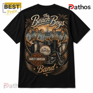 Black t-shirt featuring The Beach Boys band, a vintage motorcycle, and Harley-Davidson logo graphic on the back.!