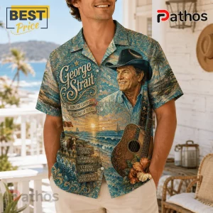 George Strait short-sleeve button-down shirt with western scenery, cowboy hat portrait, guitar, and song title graphics.!