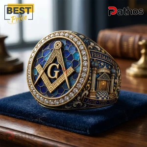 Freemason Gold Plated Blue Enamel Embossed Masonic Symbol Ring