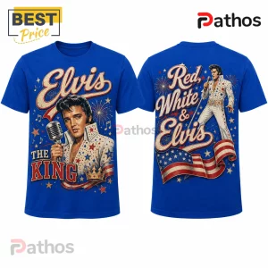 Blue graphic t-shirt featuring Elvis Presley, the text Elvis The King, Red White and Elvis, and American flag accents.!