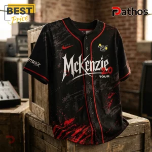 Black and red baseball jersey featuring McKenzie 2.0 Tour text, button-down front, and brushstroke texture graphics.!