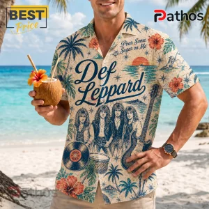 Def Leppard button-down shirt with beach print, palm trees, hibiscus, vintage band members, and record graphics.!