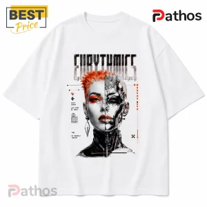 Eurythmics Electric Future Cyberpunk Limited Edition Shirt 3 White crewneck t-shirt featuring Eurythmics graphic with a woman's face split between human and metallic cyborg designs.!