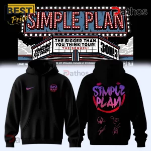 Black hooded sweatshirt with Simple Plan logo on chest and band signatures on back. Nike swoosh branding on front right.!
