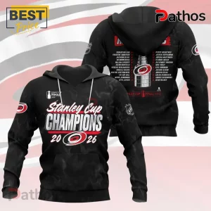 Carolina Hurricanes 2026 Stanley Cup Champions Roster T-Shirt 3 Black Carolina Hurricanes 2026 Stanley Cup Champions hoodie with player roster list and team logos on front and back.!