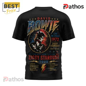 Black cotton t-shirt featuring a vintage David Bowie Ziggy Stardust 1972 tour graphic with red, blue, and gold text.!