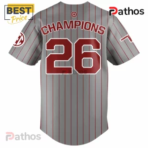 Grey baseball jersey with vertical red pinstripes, featuring the number 26 and CHAMPIONS text in red with white trim.!