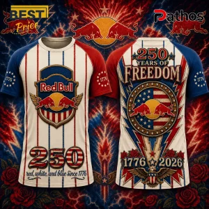 Red Bull 250 years of freedom graphic t-shirt with patriotic 1776-2026 American flag colors and eagle motif.!