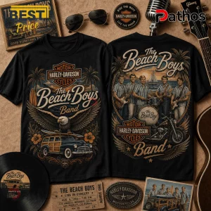 Black T-shirt displaying The Beach Boys and Harley-Davidson co-branded graphics featuring palm trees, an eagle, and a car.!
