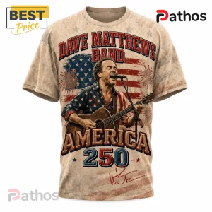 Dave Matthews Band patriotic t-shirt with American flag background, guitar player illustration, and America 250 text.!