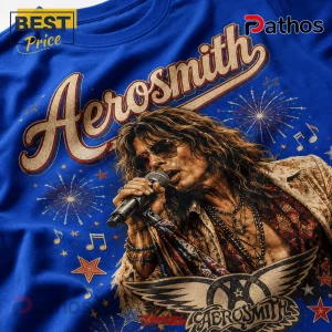 Aerosmith Red White And Blue Vintage Royal Blue Shirt 6 Blue cotton t-shirt featuring Steven Tyler singing with vintage Aerosmith logo, fireworks, music notes, and star graphics.!