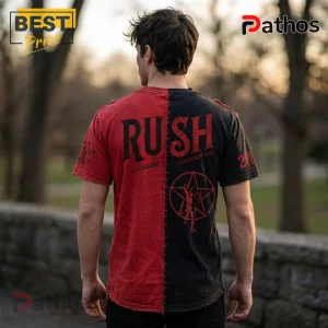 Man wearing a split-color red and black distressed Rush band t-shirt with Starman logo and 2112 print on sleeves.!