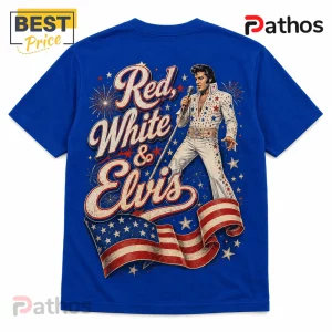 Blue cotton t-shirt featuring Elvis Presley in a white jumpsuit, red-white-and-blue stars, and American flag graphic print.!