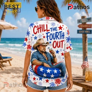 Woman wearing a white button-down shirt with 4th of July cowboy print, American flag inner tube, and fireworks patterns.!