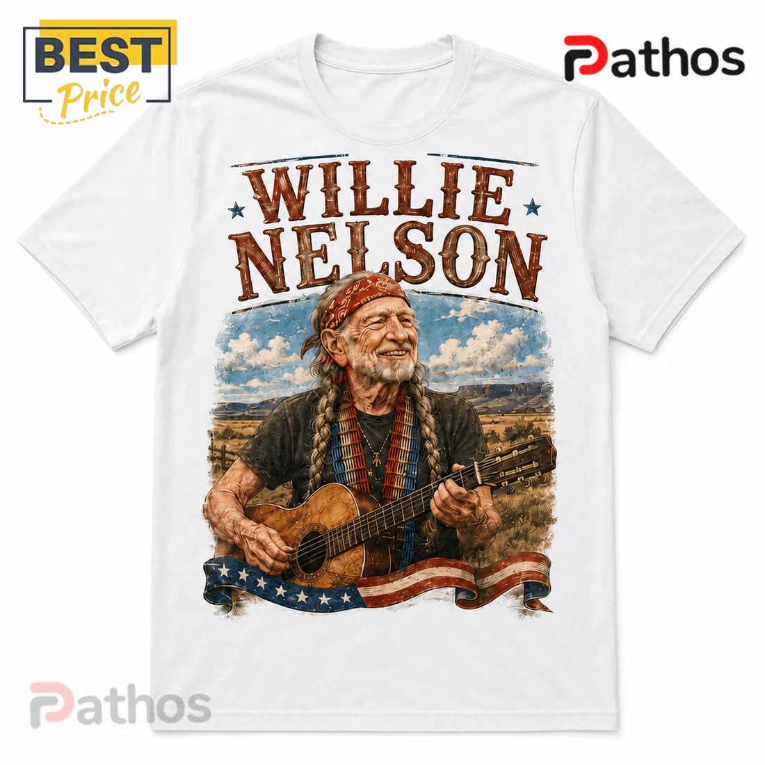 Willie Nelson 250 Years of Liberty Illustrated Cotton T-Shirt Willie Nelson 250 Years of Liberty Illustrated Cotton T-Shirt