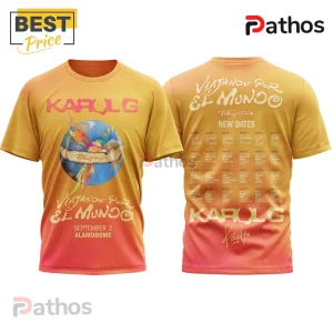 Karol G Tropitour Viajando Por El Mundo Tour Graphic T-Shirt 1 Karol G Tropi Tour orange gradient t-shirt showing globe, parrot, concert dates, and Viajando Por El Mundo text on back.!