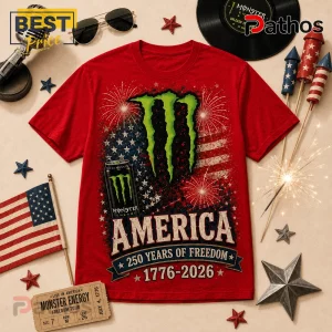Monster Energy 1776-2026 America Freedom Anniversary T-Shirt 2 Red cotton t-shirt featuring green Monster Energy logo, American flag graphics, fireworks, and text 1776-2026 America.!