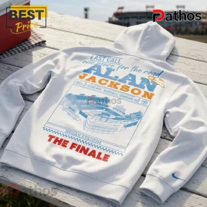 White Alan Jackson concert hoodie with blue and orange text and a Nissan Stadium illustration on the back.!