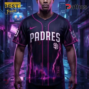 San Diego Padres black baseball jersey with pink neon city skyline, lightning patterns, and Japanese text.!