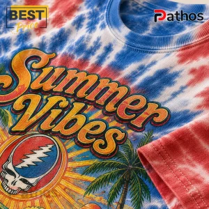 Grateful Dead Summer Vibes Tie-Dye Dancing Bear Graphic T-Shirt 1 Tie-dye t-shirt with red and blue pattern, printed with Summer Vibes text, palm trees, and a skull lightning bolt logo.!