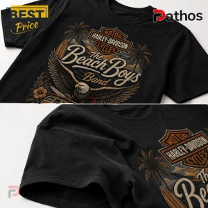 Black cotton t-shirt featuring a Harley-Davidson logo, The Beach Boys band text, a bald eagle, surfboards, and palm trees.!