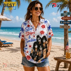 Woman wearing a button-down shirt with KISS band members, red hibiscus flowers, and text reading Star Stripes & Sunshine.!
