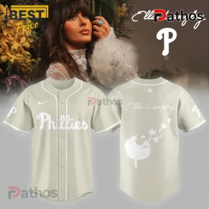 Ella Langley x Philadelphia Phillies Cream Edition Baseball Jersey 1 Philadelphia Phillies beige baseball jersey with white script lettering and dandelion graphic on the back.!