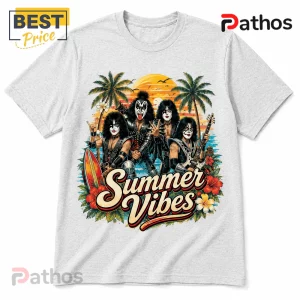 Heather grey t-shirt featuring KISS rock band members in beach attire with Summer Vibes text, palm trees, and surfboards.!