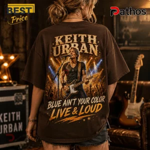 Brown cotton t-shirt with Keith Urban graphic print, featuring the singer playing guitar on stage with concert text.!