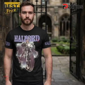 Black cotton t-shirt featuring Rob Halford on a motorcycle with purple text reading HALFORD above and on the sleeves.!
