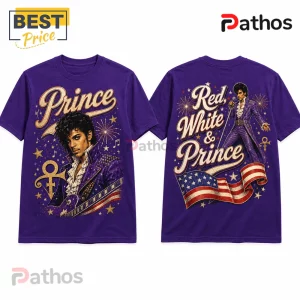 Prince Red White and Prince Retro Purple Cotton T-Shirt 1 Prince purple graphic t-shirt with American flag motifs, stars, fireworks, and the text Prince and Red, White and Prince.!