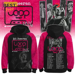 Ed Sheeran Loop Tour 2026 Pink Black Concert Hoodie 1 Ed Sheeran Mathematics tour hoodie featuring pink sleeves, a black body, concert photos, and 2026 tour date graphics.!