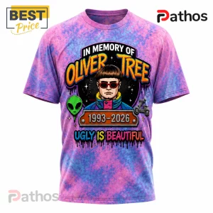 Oliver Tree In Memory Of 1993-2026 Pink Tie Dye T-Shirt 4 Oliver Tree graphic t-shirt with pink and blue tie-dye pattern, featuring cartoon portrait, alien icon, and text elements.!