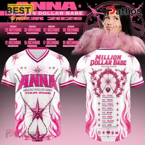 Anna Million Dollar Babe Tour 2026 baseball jersey with pink stars, chains, and Italian tour dates on white fabric.!