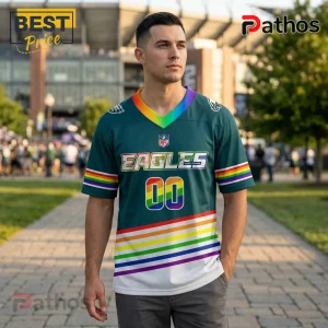 Man wearing a teal Philadelphia Eagles NFL jersey with rainbow stripes, rainbow V-neck, and number 00 in rainbow colors.!