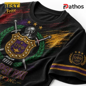 Omega Psi Phi Fraternity Juneteenth 1911 Legacy Black Shirt 5 Black Omega Psi Phi fraternity t-shirt with gold crest, knights helmet, swords, and Greek lettering on fabric.!