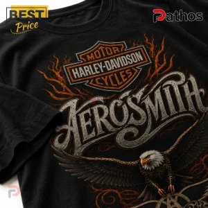 Black cotton t-shirt featuring a Harley-Davidson logo, Aerosmith typography, and a bald eagle graphic in orange and gray.!