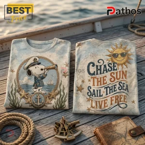 Snoopy sailor t-shirt design with telescope, anchor, and Chase the Sun Sail the Sea Live Free text on vintage map print.!