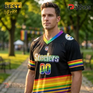 Pittsburgh Steelers x LGBT Pride Limited Edition Football Jersey 3 Pittsburgh Steelers football jersey in black with pride rainbow stripes on sleeves, neckline, and number 00 graphic.!