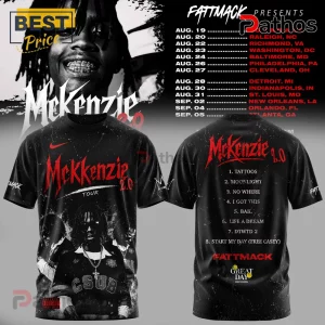 Black Mckenzie 2.0 tour t-shirt with red graphic text, rapper portrait on front, and tracklist on the back.!