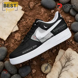 Karnivool In Verses Australia 2026 Custom Air Force 1 Sneakers 1 Black and white sneaker featuring Karnivool In Verses text, a crescent moon, a tree graphic, and Australia 2026 branding.!