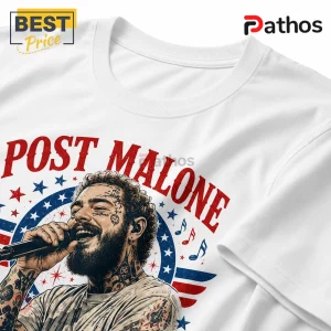 White crewneck t-shirt featuring a red and blue graphic of Post Malone singing with stars and musical notes.!