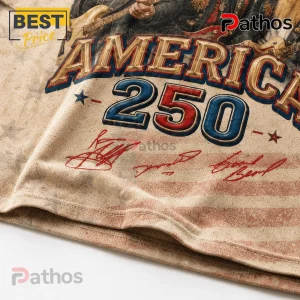 ZZ Top America 250 Honoring Freedom Rock Band Patriotic Shirt 1 America 250 t-shirt with patriotic graphics, red white and blue text, and musician signatures on vintage tan fabric.!